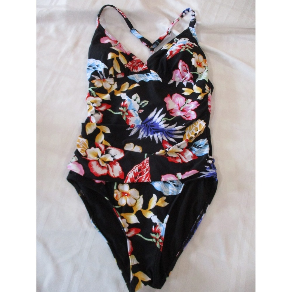 GMB Sonsie by Gracing One Piece Swim Suit Size 8 Vibrant Floral on Black